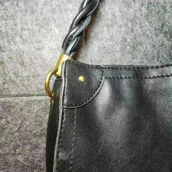 Relic black leather handbag twist braided shoulder strap, 3 sections NICE - Picture 2 of 10